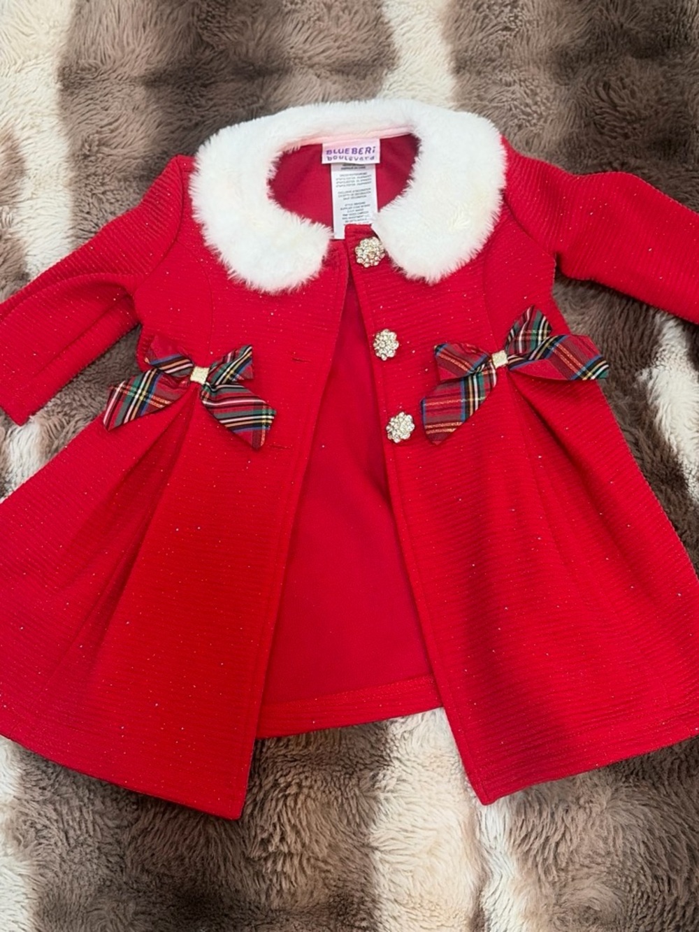 Blueberi Boulevard Red Girls' Coat with White Faux-Fur Collar